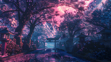 Fototapeta na wymiar Dreamlike cherry blossoms with Japan traditional buildings  