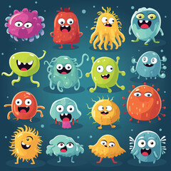 Bacteria, microbes, cute germs and viruses cartoon vector characters with funny faces set. Smiling pathogen microbes, bacteria and coronavirus with eyes, teeth and tongues