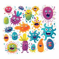 Bacteria, microbes, cute germs and viruses cartoon vector characters with funny faces set. Smiling pathogen microbes, bacteria and coronavirus with eyes, teeth and tongues