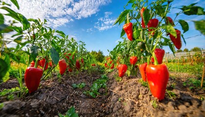 red bell pepper - Capsicum annuum - young tender delicious plants growing in nutrient rich dirt soil or earth,  green leaves, ready to be harvested for human consumption side view with empty row space
