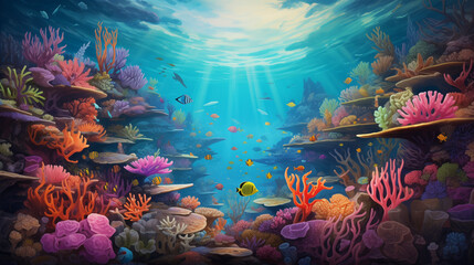 Obraz na płótnie Canvas A vibrant coral reef bustling with colorful tropical fish, illuminated by dappled sunlight filtering through the crystal-clear waters.