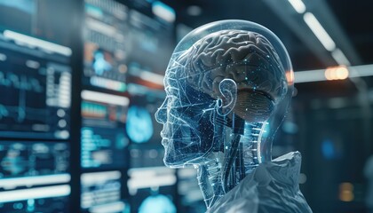Artificial Intelligence in Healthcare, Depict a concept of artificial intelligence (AI) in healthcare, with AI algorithms analyzing medical data, diagnosing diseases, and providing personalized treatm