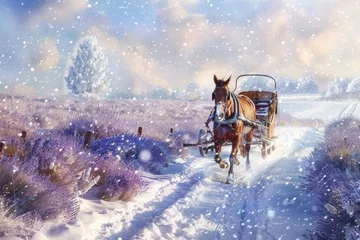 Fotobehang A charming scene with a horse-drawn sleigh gliding through freshly fallen snow, against a backdrop of soft lavender, offering space for your seasonal greeting. © Ibraheem