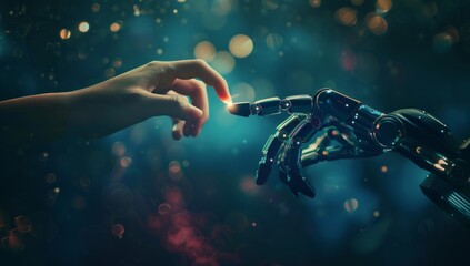 A robot and human hand about to touch, in connection together, teamwork and partnership, cooperation with artificial intelligence and machine learning - obrazy, fototapety, plakaty