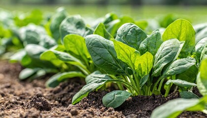 spinach - Spinacia oleracea - young tender delicious plants growing in nutrient rich dirt soil or earth,  green leaves, ready to be harvested for human consumption. side view with row space