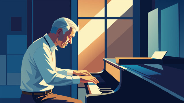 A watercolor painting of a senior sitting at a piano fingers gently pressing down keys as sunlight streams through a nearby window. The image