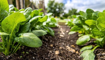 spinach - Spinacia oleracea - young tender delicious plants growing in nutrient rich dirt soil or earth,  green leaves, ready to be harvested for human consumption. side view with row space - obrazy, fototapety, plakaty
