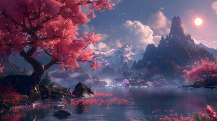 Dreamlike cherry blossoms with beautiful sunset