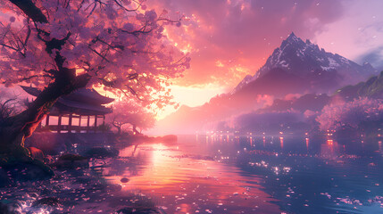 Dreamlike cherry blossoms with Asian traditional buildings  