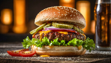 juicy delicious burger on a dark background - obrazy, fototapety, plakaty