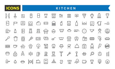 Kitchen Icon Set, Set Of Pans, Frying Pan, Tableware, Plates, Knives Set, Cutlery, Oven Mitt, Chef's Hat, Pot, Saucepan, Grater, Cooking Whisk, Cutting Board, Apron Vector Icons, Vector Illustration
