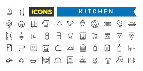 Kitchen Icon Set, Set Of Pans, Frying Pan, Tableware, Plates, Knives Set, Cutlery, Oven Mitt, Chef's Hat, Pot, Saucepan, Grater, Cooking Whisk, Cutting Board, Apron Vector Icons, Vector Illustration