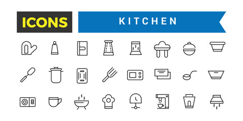 Kitchen Icon Set, Set Of Pans, Frying Pan, Tableware, Plates, Knives Set, Cutlery, Oven Mitt, Chef's Hat, Pot, Saucepan, Grater, Cooking Whisk, Cutting Board, Apron Vector Icons, Vector Illustration