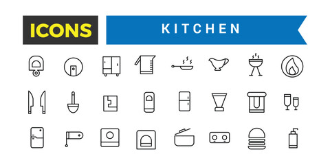 Kitchen Icon Set, Set Of Pans, Frying Pan, Tableware, Plates, Knives Set, Cutlery, Oven Mitt, Chef's Hat, Pot, Saucepan, Grater, Cooking Whisk, Cutting Board, Apron Vector Icons, Vector Illustration
