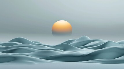 Simplistic 3d abstract landscape with gentle rolling hills and serene pastel sunrise