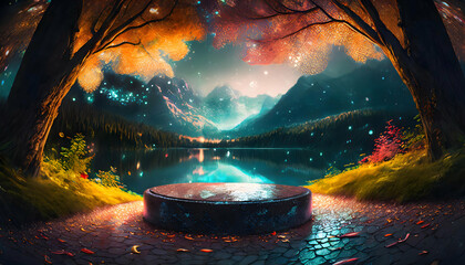 Abstract scene in the autumn with a podium mockup background. - 782834533
