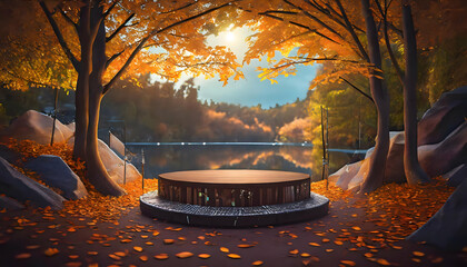 Abstract scene in the autumn with a podium mockup background. - 782834543