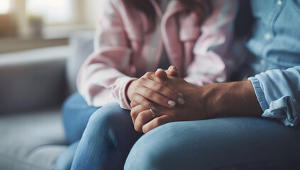 Couple hold hand support each while discussing family issues with psychiatrist. Husband encourages...