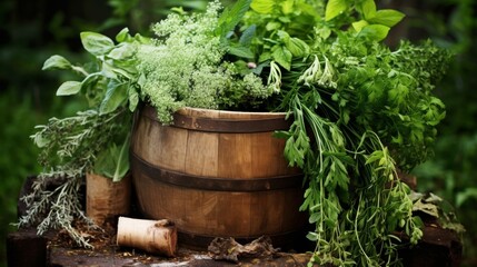 Harvested herbs overflowing from wooden cask