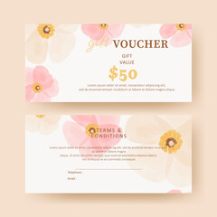 Fototapeta na wymiar Gift voucher. Coupon template with watercolor pink flower decoration. elegant aesthetic design. good for boutique, jewelry, floral shop, beauty salon, spa, fashion, flyer, banner design.