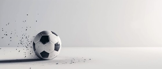 Photorealistic image of spinning soccer ball, copy space 