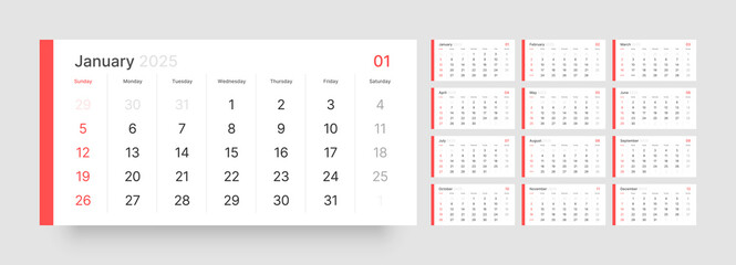 Monthly calendar template for 2025 year. Quarterly calendar in a minimalist style. Week Starts on Sunday. 