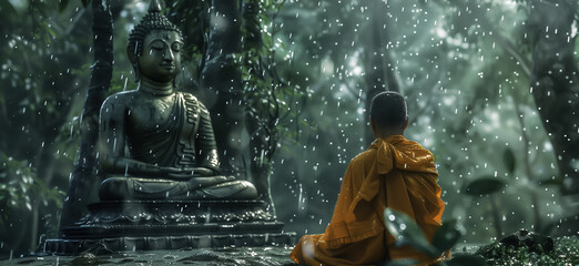A monk meditates calmly in the rain, his robes glistening with droplets. The rain falls gently around him, creating a serene and peaceful atmosphere. Generative AI.
