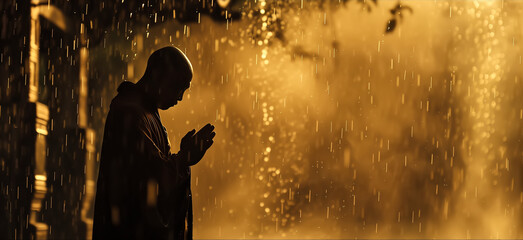 A monk meditates calmly in the rain, his robes glistening with droplets. The rain falls gently around him, creating a serene and peaceful atmosphere. Generative AI.