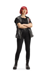 Red-haired woman in black clothes, gothic rock style