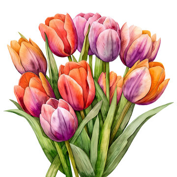 Tulip flowers in watercolour style isolated on transparent background.