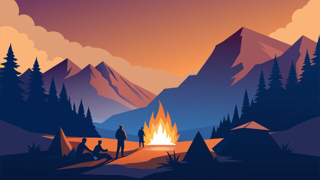 As the sun sets behind jagged mountain peaks the flames of the bonfire dance and crackle casting a warm glow on the surrounding campsite. The