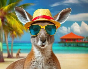 Kangaroo on the beach, wearing a hat and sunglasses at a vacation resort
