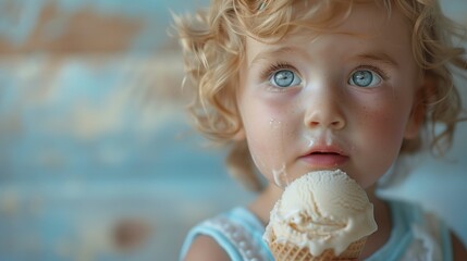Toddler with Blue Eyes Enjoying Ice Cream Cone