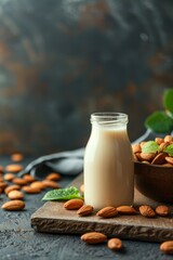 Organic almond milk in glass bottle with raw almonds on stone table in kitchen setting