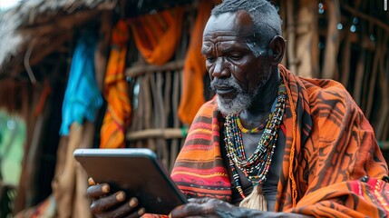 Elderly African Man Using Tablet in Traditional Setting