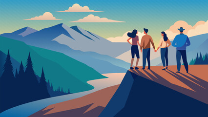 The group of friends gathered at the edge of the ridge admiring the stunning vistas and chatting excitedly about all the trails they planned to