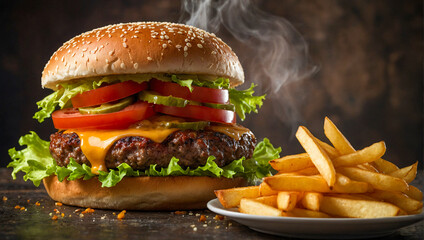 juicy delicious burger on a dark background - obrazy, fototapety, plakaty