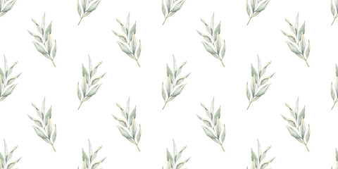 Green branches with leaves. Hand drawn watercolor seamless pattern of Twigs. Summer floral background for wedding design, textiles, wrapping paper, scrapbooking - obrazy, fototapety, plakaty