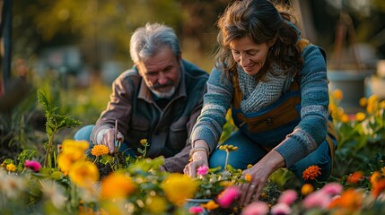 Mature Couple Gardening Together at Sunset