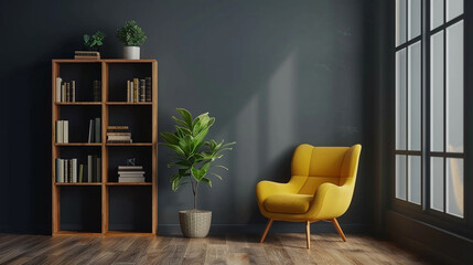 Wooden book shelf in front of grey wall, wooden floor, houseplant. Minimalistic interior design.	
