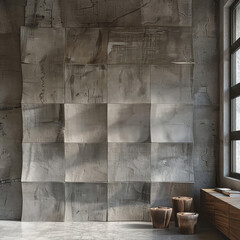 modern interior in loft minimalism style, an armchair with a pouf against the background of 3D wallpaper, imitation of a concrete wall with intersecting planes and blocks in gray tones