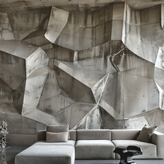 modern interior in a minimalist loft style, a modern sofa with a tea table against the backdrop of 3D wallpaper imitation of a concrete wall with intersecting planes and blocks in gray tones