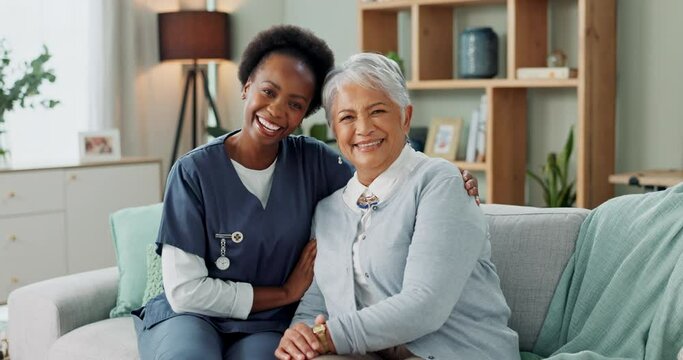 Happy face, nurse and elderly patient in nursing home for healthcare and volunteer with charity on sofa. African caregiver, portrait and embrace a senior lady with trust and medical support on couch