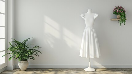 white dress mockup, white wall and plant background, 3d render