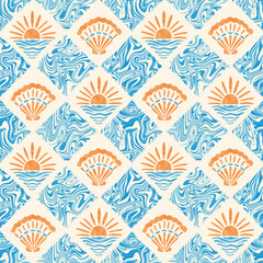 Nautical groovy seamless pattern. Watercolor seashells and sunset sun tiles on marble textured background. Summer joyful design for swimwear, home decor, textile. Blue wavy swirls repeat