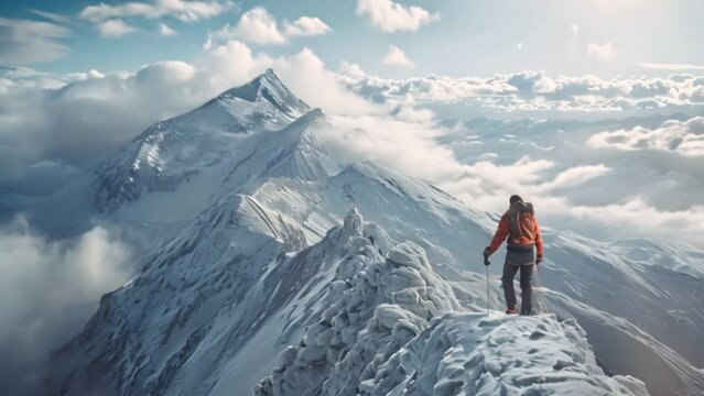A hiker enjoys the panoramic view from the summit of a snowy mountain in Switzerland