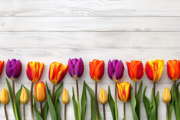 Colorful tulips in a row on a white painted wooden background. Place for text. Mother's Day background. Created with Generative AI technology.