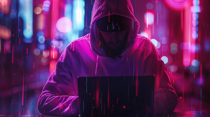 A hacker working in front of a laptop screen with covered face in a neon color dark background 
