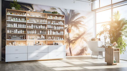 Discovering Health and Comfort in the big and luxury medical store, Pharmacy shelves with medicines in it, interior view with green plant pot 