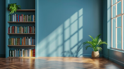 Wooden book shelf in front of blue wall, wooden floor, houseplant. Minimalistic interiror design.	